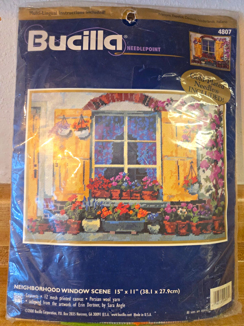 Bucilla Neighborhood Window Scene Needlepoint Kit 4807 15"x11", Started